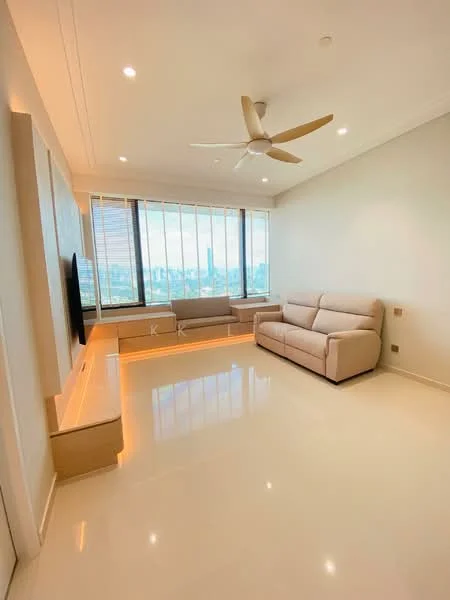 Living features: light-colored walls, glossy tile flooring, 5-blade ceiling fan, floor-to-ceiling windows, sheer curtains, wall-mounted TV, built-in cabinetry, sofa in light beige, LED strip lighting, open layout; style: modern; view: city.