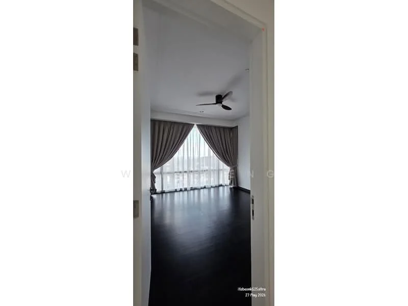 Room features: dark wood flooring, floor-to-ceiling windows, sheer curtains, blackout curtains, 5-blade ceiling fan, neutral painted walls, recessed downlights, curtains with tiebacks; style: modern; view: city.