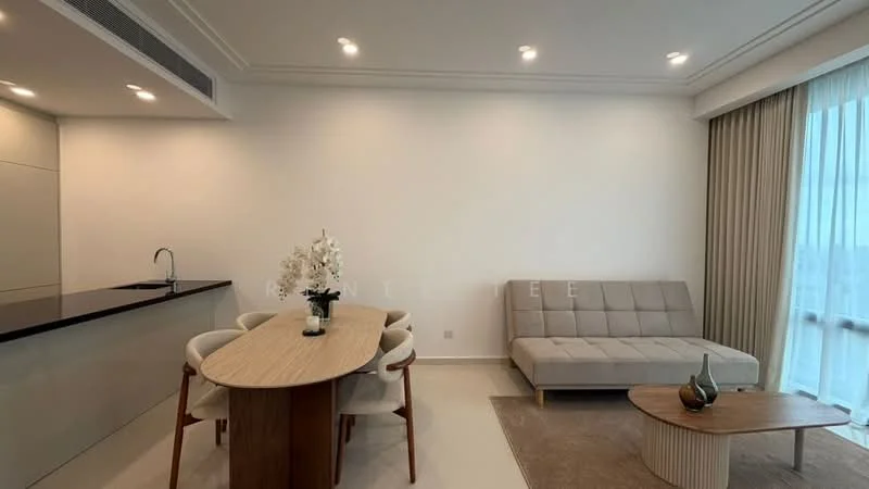 Living features: light grey fabric sofa, round wooden coffee table, oval dining table with wooden top, 4 upholstered dining chairs, white painted walls, recessed downlights, floor-to-ceiling windows with sheer curtains, kitchen island with black countertop, stainless-steel sink, modern cabinetry; style: modern; view: city.