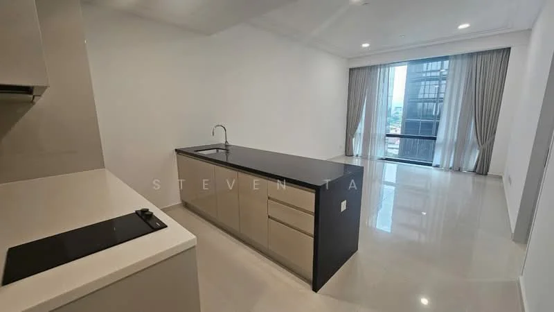 Kitchen features: black countertop, light beige cabinetry, single-bowl stainless-steel sink, chrome pull-down faucet, built-in cooktop, marble tile flooring, white painted walls, floor-to-ceiling windows, curtains, open layout to living area; style: modern; view: city.