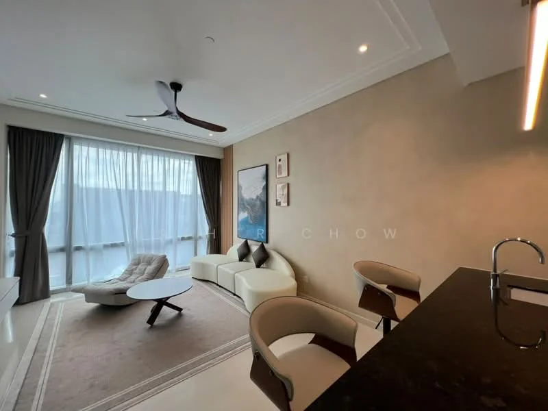 Living features: 5-blade ceiling fan with light, floor-to-ceiling windows, sheer curtains, cream painted walls, neutral-toned area rug, light-colored sofa, coffee table, decorative artwork on walls, recessed lighting, dark countertop, bar stools; style: modern; view: city.