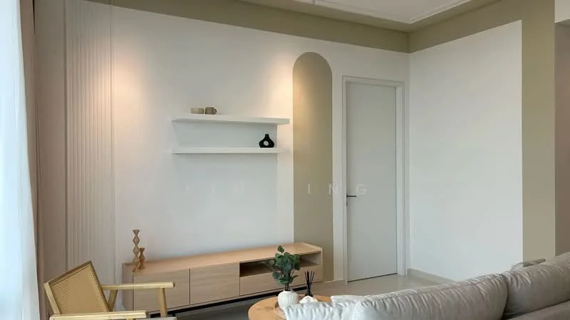 Living features: light beige walls, white painted walls, wooden TV console, open shelving unit, decorative vase on shelf, wooden coffee table, beige fabric sofa, woven chair, neutral-colored area rug, natural light from large windows, minimalist decor; style: modern.