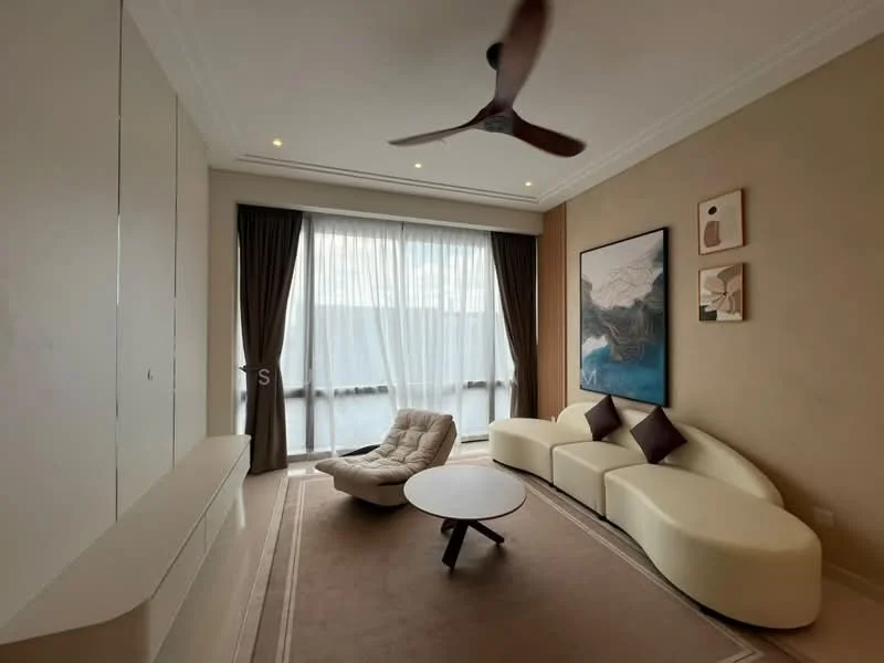 Living features: curved white sectional sofa, round coffee table, beige area rug, 5-blade ceiling fan, floor-to-ceiling windows, sheer curtains, dark brown curtains, framed artwork on wall, wall-mounted light fixtures; style: modern.
