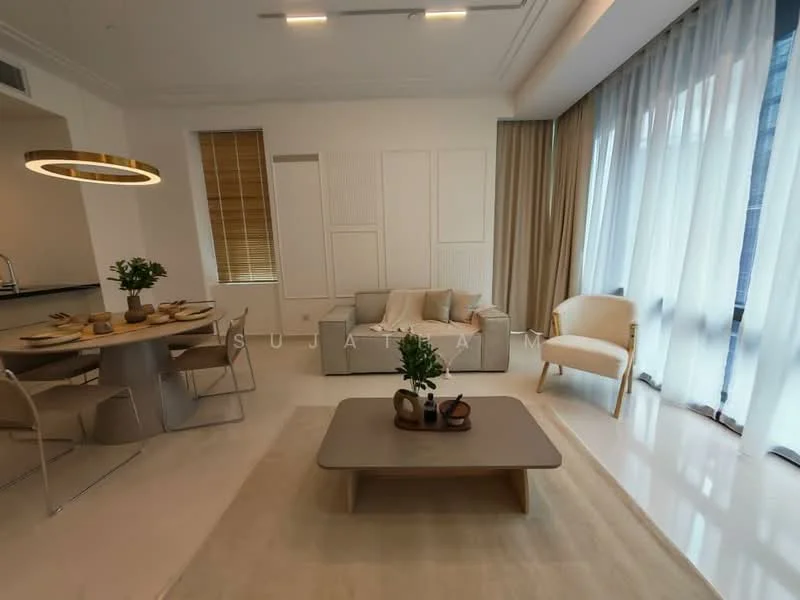Living features: light grey fabric sofa, round coffee table, beige area rug, floor-to-ceiling windows, sheer curtains, wooden flooring, decorative plants, wall-mounted artwork, recessed ceiling lights, pendant light fixture; style: modern; view: city.