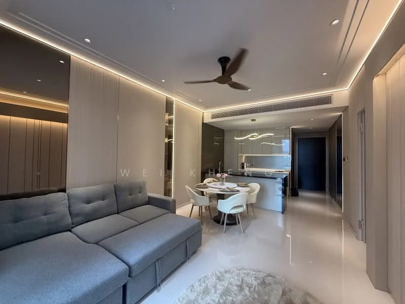 Living features: grey fabric sectional sofa, round dining table, 4 upholstered dining chairs, recessed LED downlights, ceiling fan with light, white painted walls, glossy tile flooring, open kitchen layout, kitchen island with seating, decorative wall paneling, large windows with natural light; style: modern.