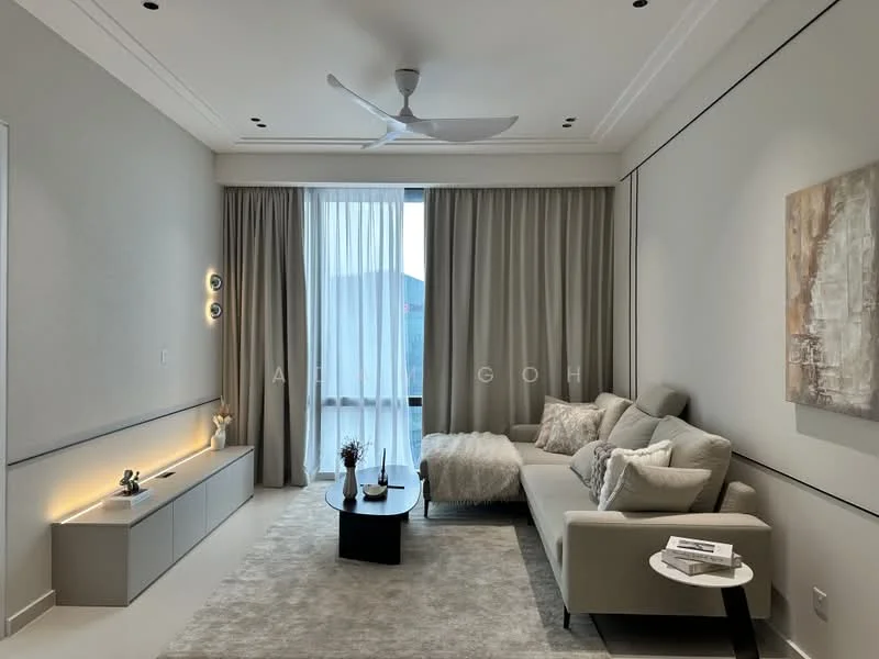 Living features: light grey fabric sectional sofa, black coffee table, TV console with built-in lighting, floor-to-ceiling windows, sheer curtains, grey curtains, recessed downlights, ceiling fan, decorative wall art, neutral painted walls, carpet flooring; style: modern; view: city.