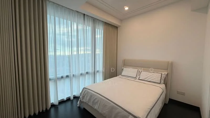 Bedroom features: king-size bed, upholstered headboard, white bedding, floor-to-ceiling windows, sheer curtains, blackout curtains, dark wood flooring, recessed downlights, crown moulding, decorative wall, city view; style: modern; view: city.