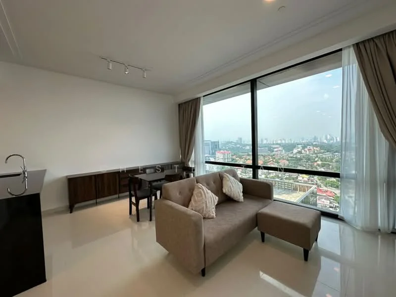 Living features: floor-to-ceiling windows, beige fabric sofa, 2 decorative cushions, glass coffee table, dark wood sideboard, dining table for 4, polished tile flooring, recessed downlights, curtains, city skyline view; style: modern; view: city.