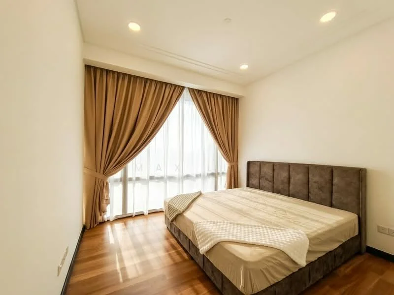 Bedroom features: king-size bed, upholstered headboard, floor-to-ceiling windows, sheer curtains, heavy drapes, wooden flooring, recessed downlights, neutral painted walls; style: modern.