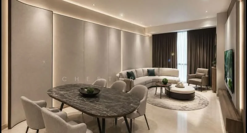 Living features: curved sectional sofa in light beige, round coffee table with marble top, 6-seater dining table with marble top, upholstered dining chairs in light grey, wall-mounted TV, floor-to-ceiling windows with sheer curtains, recessed lighting, decorative wall paneling, light-coloured marble flooring, accent chair in light grey, decorative plant in ceramic pot; style: modern.