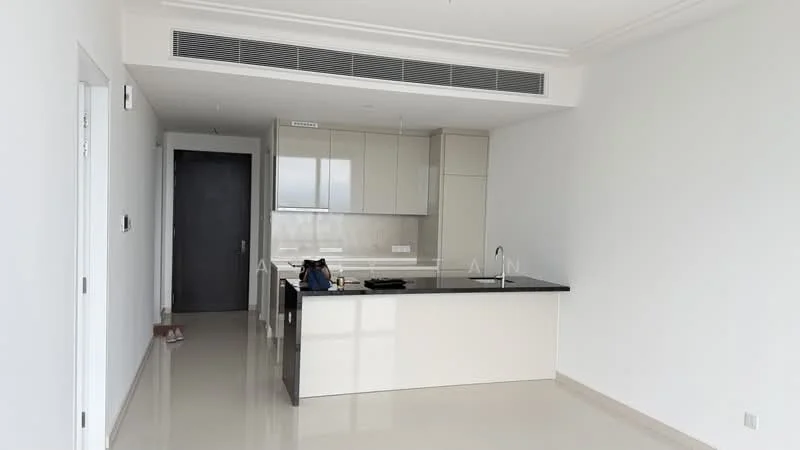 Kitchen features: white cabinetry, black countertop, stainless-steel sink, chrome pull-down faucet, built-in oven, freestanding range oven, recessed downlights, ceramic tile flooring, white painted walls, open layout, island with seating, floor-to-ceiling windows; style: modern; view: city.