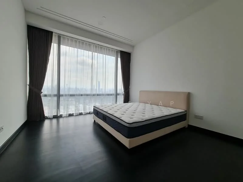 Bedroom features: floor-to-ceiling windows, sheer curtains, blackout curtains, dark wood flooring, upholstered bed frame, queen-size mattress, minimalist decor, city skyline view; style: modern; view: city.