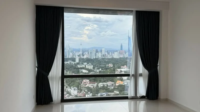 Room features: floor-to-ceiling windows, blackout curtains, sheer curtains, white painted walls, glossy tile flooring, city skyline view; style: modern; view: city.