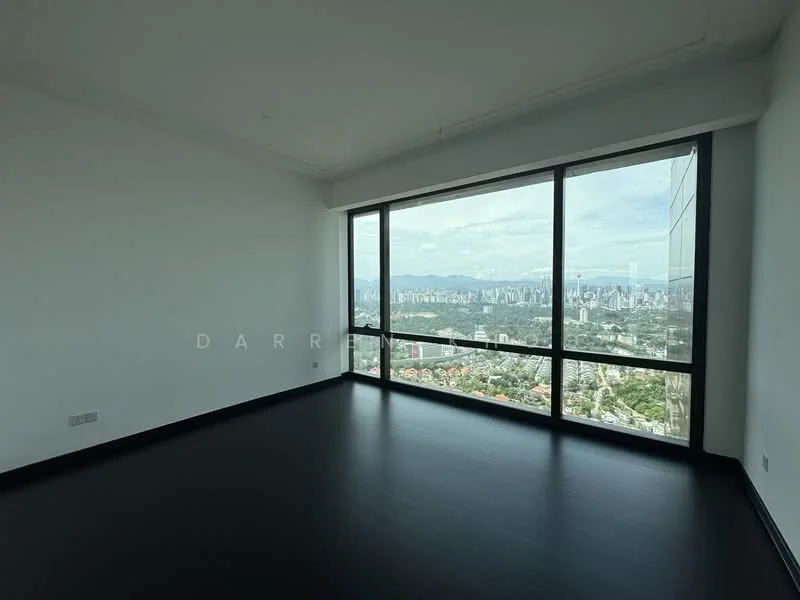 Room features: floor-to-ceiling windows, black laminate flooring, white painted walls, crown moulding, city skyline view; style: modern; view: city.