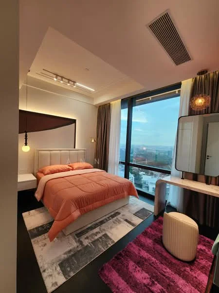 Bedroom features: king-size bed with pink bedding, floor-to-ceiling windows, city view, wooden flooring, decorative pendant light, wall-mounted lighting, dressing table with mirror, upholstered stool, area rug with geometric pattern, curtains, accent wall with lighting; style: modern; view: city.