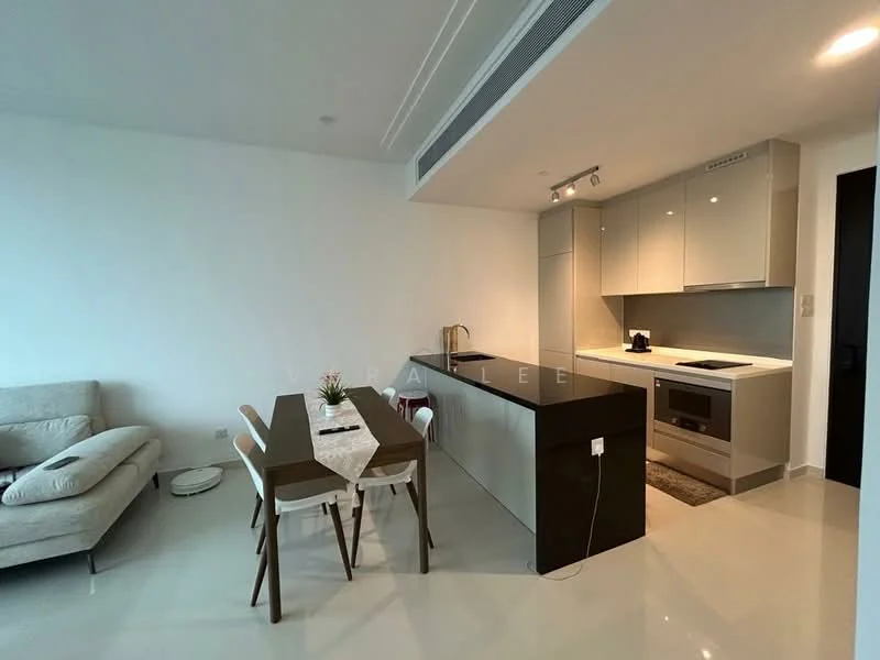 Kitchen features: white cabinets, grey countertop, stainless-steel sink, chrome pull-down faucet, built-in oven, stainless-steel range hood, 4-burner gas hob, refrigerator, tile backsplash, pendant lighting, open-plan layout, marble flooring; style: modern. Dining features: 6-seater dining table, wooden dining chairs, table runner, decorative centerpiece; style: modern. Living features: fabric sofa, throw pillows, area rug; style: modern.