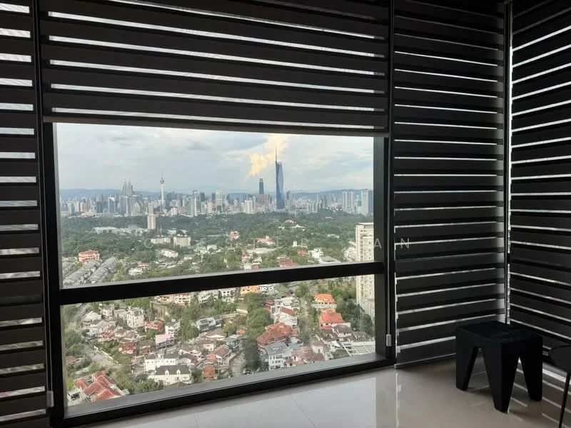 Room features: floor-to-ceiling windows, city skyline view, black stool, sliding window treatments, white tiled flooring; style: modern; view: city.