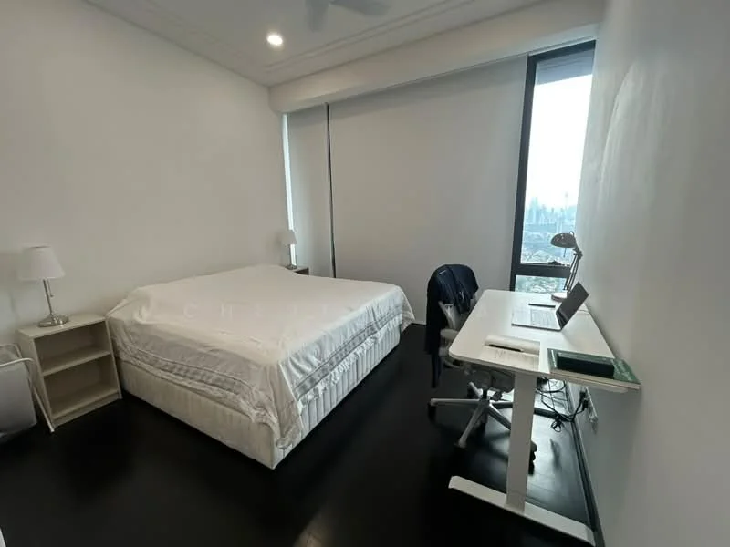 Bedroom features: king-size bed with white bedding, black laminate flooring, floor-to-ceiling window, desk with chair, table lamp, white walls, ceiling fan, study desk, window with city view; style: modern; view: city.