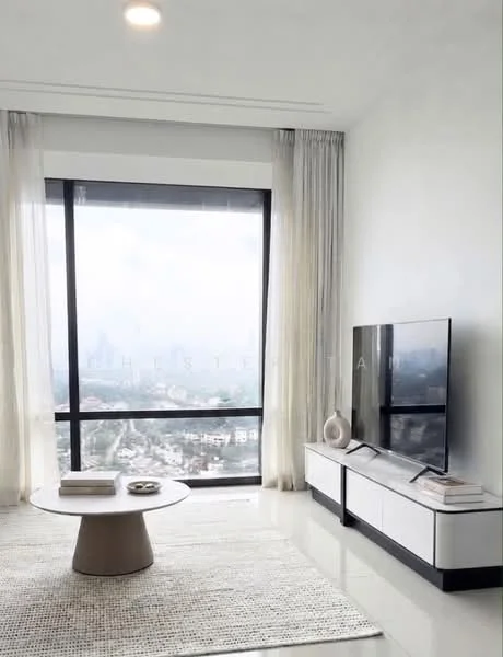 Living features: floor-to-ceiling windows, sheer curtains, white painted walls, polished tile flooring, round coffee table, TV console, wall-mounted TV, decorative vase, area rug with geometric pattern; style: modern; view: city.