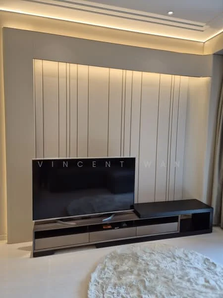 Living features: wall-mounted TV, black TV console, light-colored accent wall with vertical lines, recessed lighting, white plush area rug, floor-to-ceiling curtains, neutral color palette, smooth ceiling with integrated lighting; style: modern.