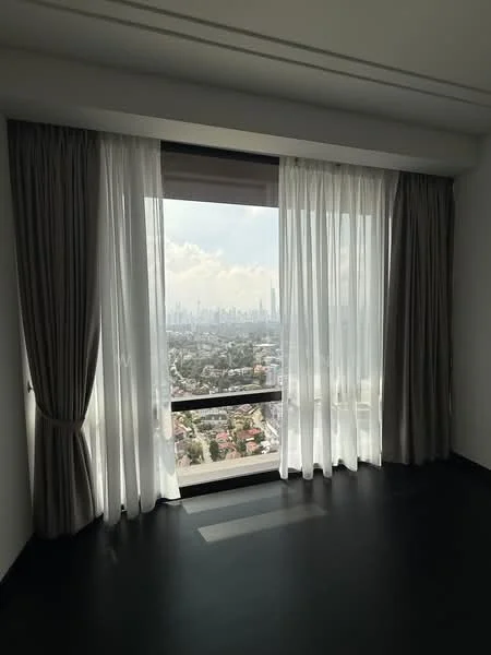 Room features: floor-to-ceiling windows, sheer curtains, blackout curtains, dark wood flooring, city view; style: modern; view: city.