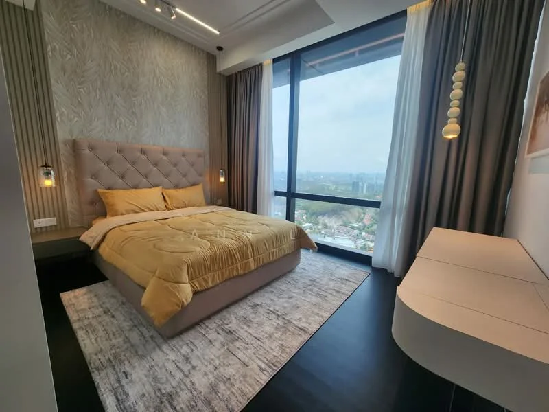 Bedroom features: king-size bed with upholstered headboard, yellow bedding, two bedside pendant lights, large floor-to-ceiling windows, curtains in light grey, dark wood flooring, area rug with geometric pattern, minimalist side table, decorative wall art; style: modern; view: city.