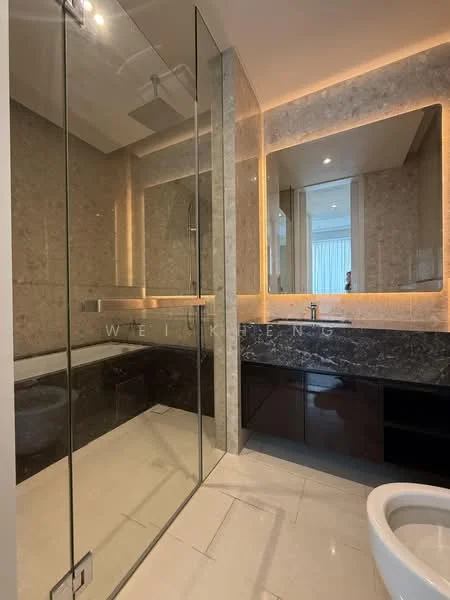 Bathroom features: glass shower enclosure, rain shower head, freestanding bathtub, marble wall cladding, dark stone countertop, backlit mirror, built-in cabinetry, white toilet, tile flooring, recessed lighting; style: modern.