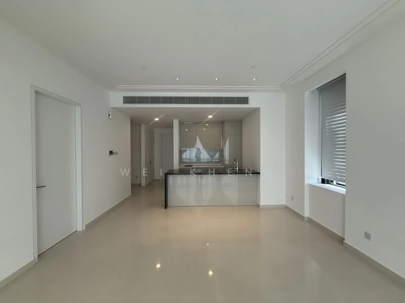 Living features: white painted walls, glossy tile flooring, recessed downlights, floor-to-ceiling windows, open layout, kitchen island with countertop, sliding glass door, roller blinds; style: modern. Kitchen features: kitchen island, stainless-steel sink, built-in cabinetry, countertop, recessed downlights; style: modern.
