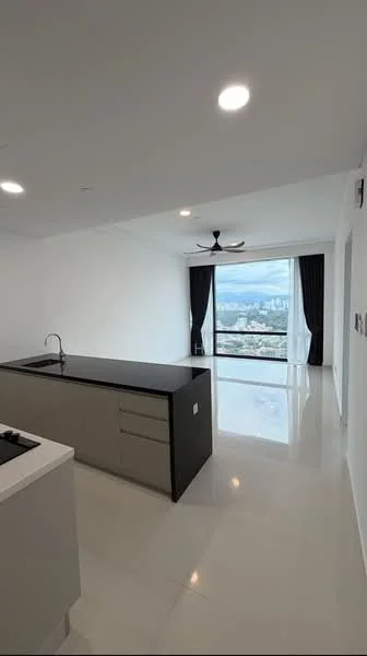 Kitchen features: black countertop, light grey cabinetry, single-bowl stainless-steel sink, chrome pull-down faucet, built-in oven, induction hob, recessed downlights, pendant light, open layout, marble tile flooring; style: modern; view: city. Living features: floor-to-ceiling windows, blackout curtains, 5-blade ceiling fan, white painted walls, marble tile flooring; style: modern; view: city.