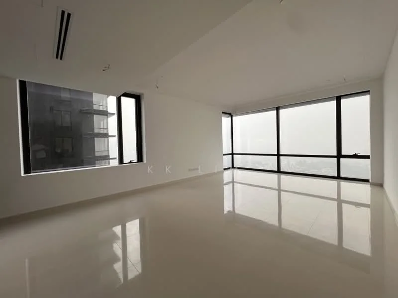 Living features: white painted walls, polished tile flooring, floor-to-ceiling windows, city view, recessed downlights, open layout, minimalist design, natural light; style: modern; view: city.