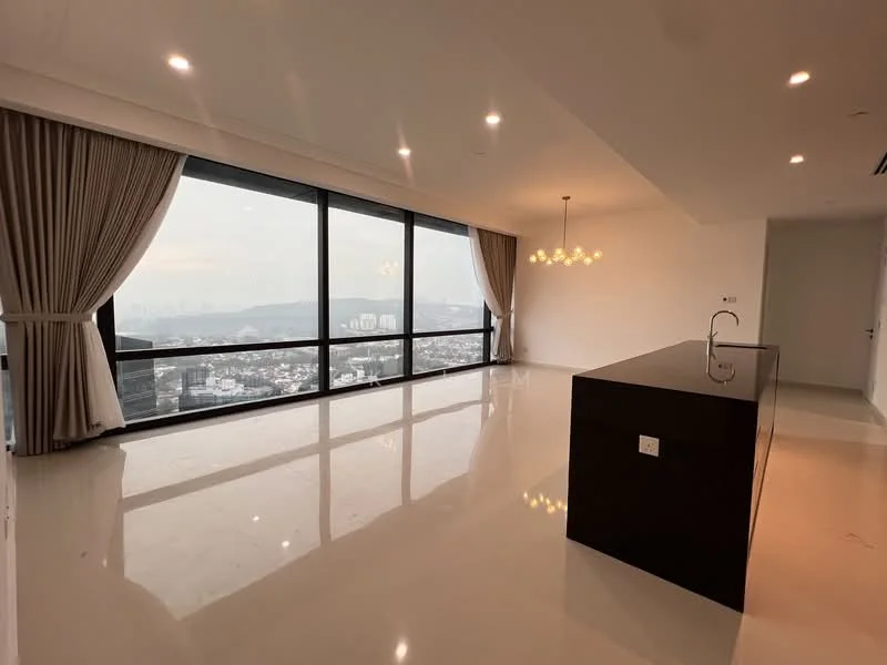 Living features: floor-to-ceiling windows, city view, polished marble flooring, recessed downlights, chandelier, light-colored walls, curtains, open layout, kitchen island with sink, dark cabinetry; style: modern.