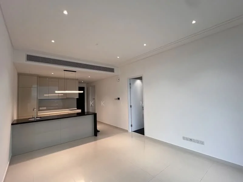 Kitchen features: white cabinetry, black countertop, built-in oven, stainless-steel sink, chrome pull-down faucet, recessed LED downlights, open layout, tile flooring, air conditioning vent; style: modern. Room features: white painted walls, light-colored flooring, doorway to hallway.