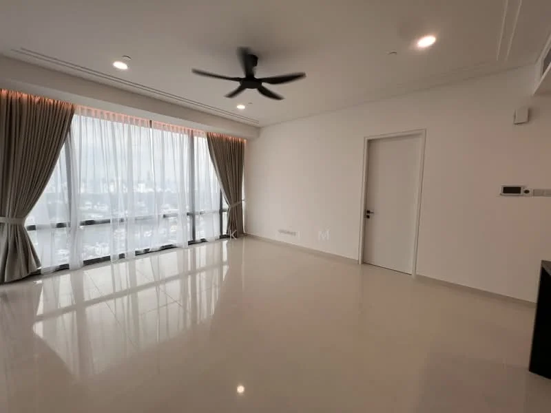 Living features: large floor-to-ceiling windows, sheer curtains, 5-blade ceiling fan, recessed downlights, white painted walls, polished ceramic tile flooring, neutral color palette, minimalist design, door leading to other rooms; style: modern; view: city.