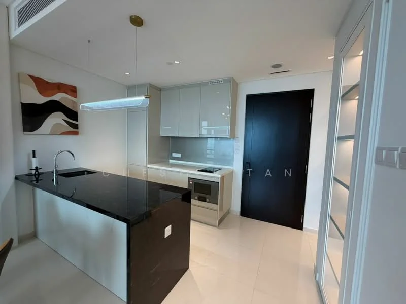 Kitchen features: black granite countertop, white cabinetry, built-in oven, stainless-steel range hood, 4-burner gas hob, single-bowl stainless-steel sink, chrome pull-down faucet, recessed LED downlights, tile flooring, wall-mounted microwave, open shelving, abstract wall art; style: modern.
