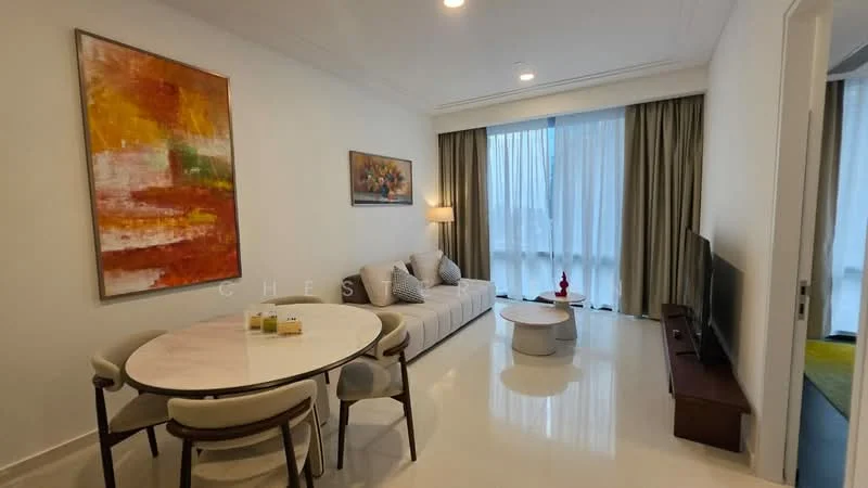 Living features: white painted walls, glossy tile flooring, floor-to-ceiling windows with sheer curtains, 3-seater fabric sofa in light beige, round dining table with 4 upholstered chairs, framed artwork on wall, TV console with wall-mounted TV, decorative vase on table, area rug with geometric pattern; style: modern; view: city.