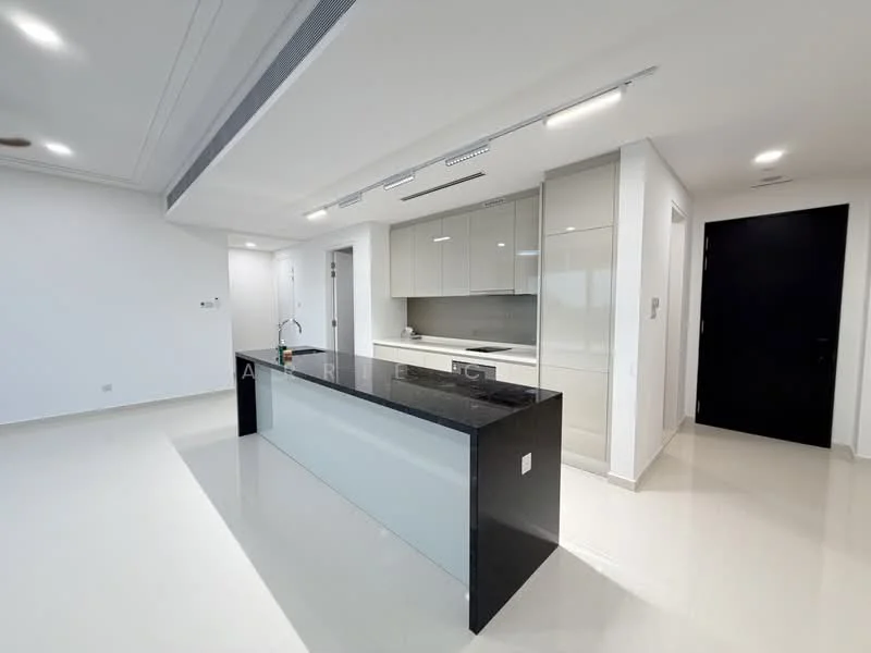 Kitchen features: black granite countertop, white cabinetry with flat-panel doors, built-in oven, stainless-steel sink, chrome pull-down faucet, recessed LED downlights, open shelving, ceramic tile flooring, white painted walls, island with seating area; style: modern.