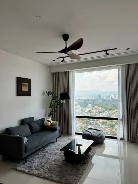 Living features: 3-seater fabric sofa in grey, coffee table, area rug with geometric pattern, floor-to-ceiling windows, city view, 5-blade ceiling fan with light, curtains, decorative plant, framed artwork, wall-mounted light fixture; style: modern; view: city.