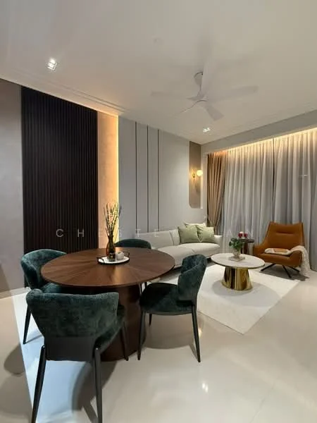 Living features: 3-seater fabric sofa in light color, accent chair in orange, round wooden dining table, 4 upholstered dining chairs in green, area rug in white, recessed LED downlights, ceiling fan, floor-to-ceiling curtains, decorative wall paneling, wall-mounted sconce lighting, decorative vase on table, small coffee table with gold base; style: modern.