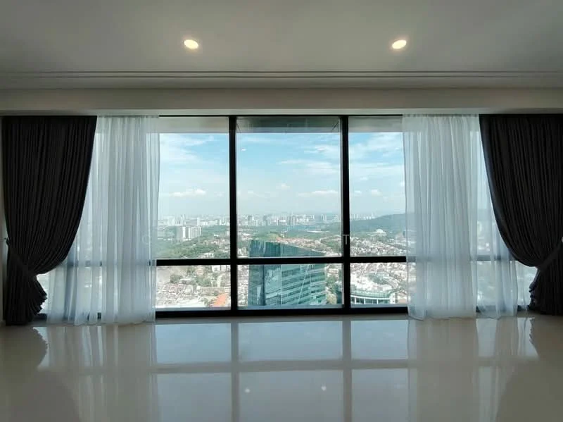Room features: floor-to-ceiling windows, sheer curtains, blackout curtains, city view, marble flooring, recessed downlights; style: modern; view: city.