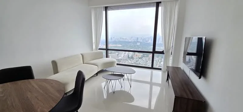 Living features: floor-to-ceiling windows, white painted walls, polished tile flooring, curved sectional sofa in cream, two round coffee tables with metal legs, wall-mounted TV, wooden TV console, sheer curtains; style: modern; view: city.