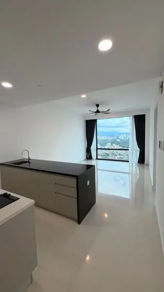 Kitchen features: island kitchen with black countertop, stainless-steel sink, chrome pull-down faucet, flat-panel grey cabinets, built-in oven, freestanding range oven, recessed downlights, white walls, large sliding glass door, floor-to-ceiling windows, marble tile flooring, 5-blade ceiling fan with light, black curtains; style: modern; view: city.
