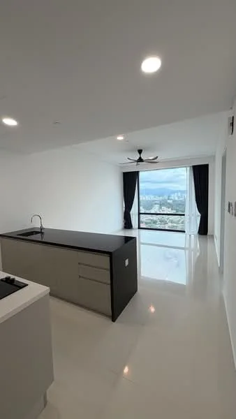 Kitchen features: black countertop, white cabinetry, single-bowl stainless-steel sink, chrome pull-down faucet, open-plan layout, recessed downlights, 5-blade ceiling fan, floor-to-ceiling windows, city view, polished tile flooring, white painted walls, black accent wall; style: modern; view: city.