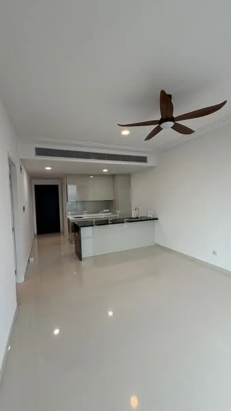 Living features: white painted walls, polished ceramic tile flooring, 5-blade ceiling fan, recessed downlights, open-plan layout, kitchen island with breakfast bar, floor-to-ceiling windows, neutral color palette; style: modern.