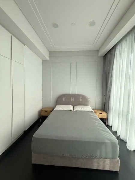 Bedroom features: king-size bed with grey bedding, upholstered headboard, two wooden bedside tables, built-in wardrobe with white doors, white painted walls, recessed ceiling lights, floor-to-ceiling windows with sheer curtains, dark wood flooring; style: modern; view: city.