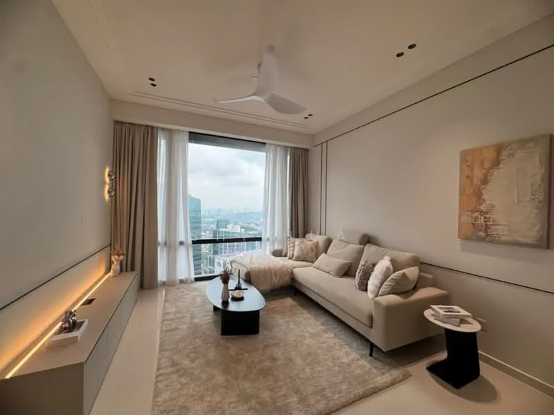 Living features: L-shape sectional sofa in beige, coffee table, area rug with neutral color, floor-to-ceiling windows, sheer curtains, 5-blade ceiling fan with light, wall-mounted light fixtures, decorative wall art, TV console, decorative accessories on console; style: modern; view: city.
