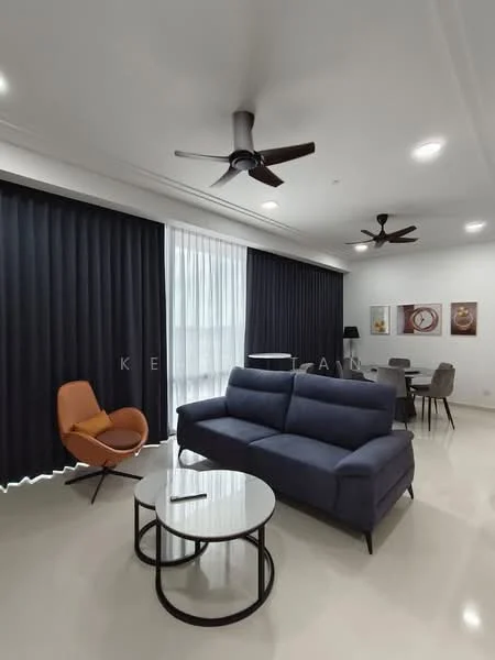 Living features: 3-seater fabric sofa in navy blue, 2-seater accent chair in orange, round coffee table with glass top, 2 ceiling fans, blackout curtains, floor-to-ceiling windows, recessed lighting, polished tile flooring, decorative wall art; style: modern.