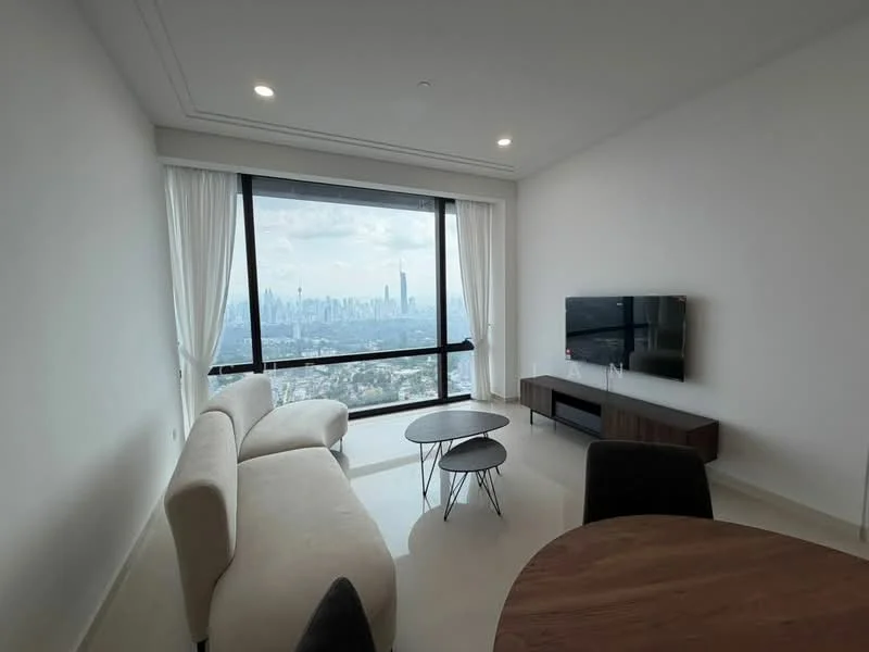 Living features: floor-to-ceiling windows, white painted walls, recessed downlights, light-coloured sofa, round coffee table, TV console, wall-mounted TV, city skyline view, dining table, wooden dining chairs; style: modern; view: city.