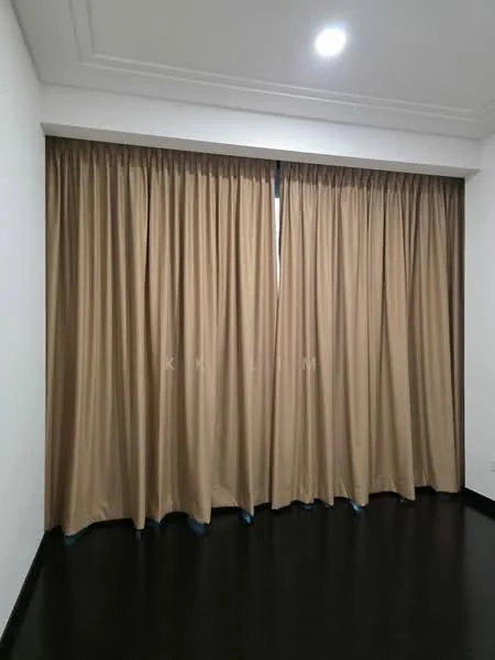 Room features: brown curtains, black laminate flooring, white painted walls, recessed ceiling lights, crown moulding.