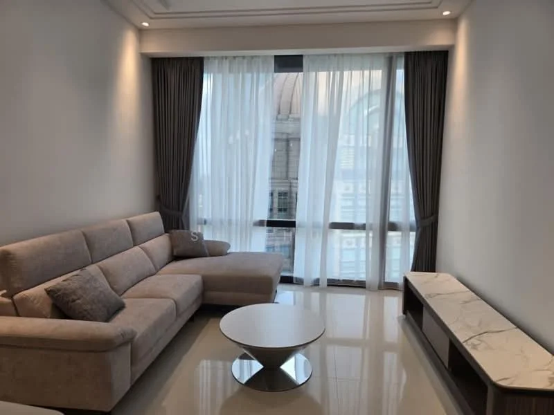 Living features: L-shape sectional sofa in light grey, coffee table with white top, TV console with marble finish, floor-to-ceiling windows, sheer curtains, recessed downlights, cream painted walls, glossy tile flooring; style: modern; view: city.