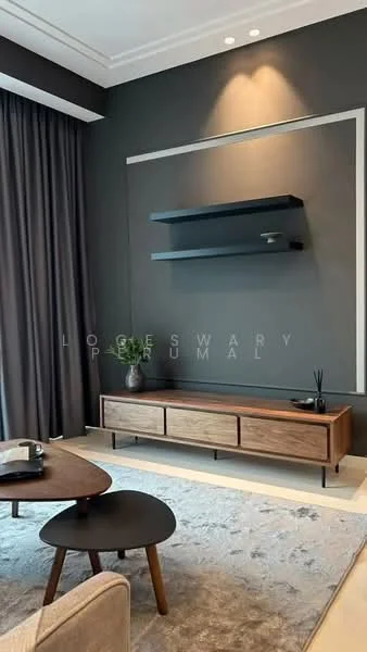Living features: dark grey accent wall, light grey walls, wooden media console, black floating shelves, round black coffee table, area rug with neutral tones, floor-to-ceiling curtains, recessed downlights; style: modern.